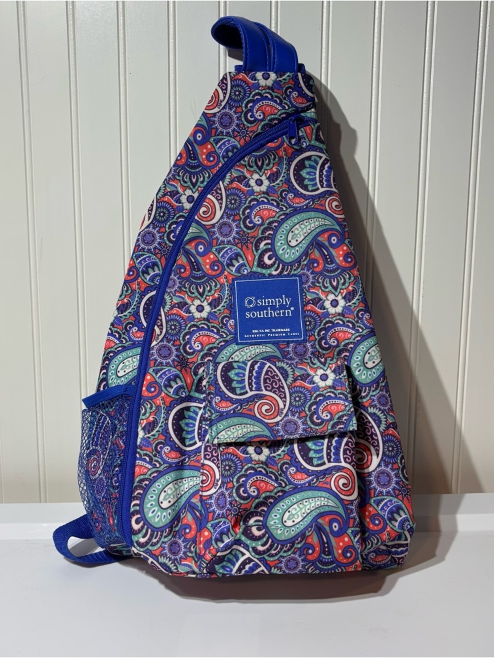 Simply Southern Blue Paisley Sling Backpack with Multicolor Accents